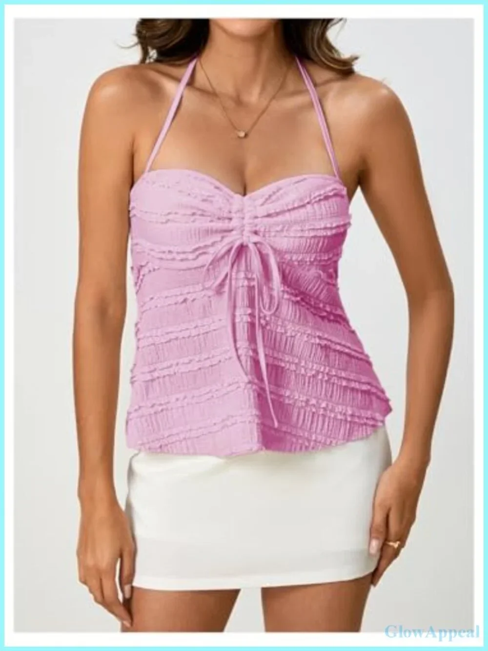 Peplum Halter Crop Top Y2K Drawstring Tie Ruched Spaghetti Strap Cami
